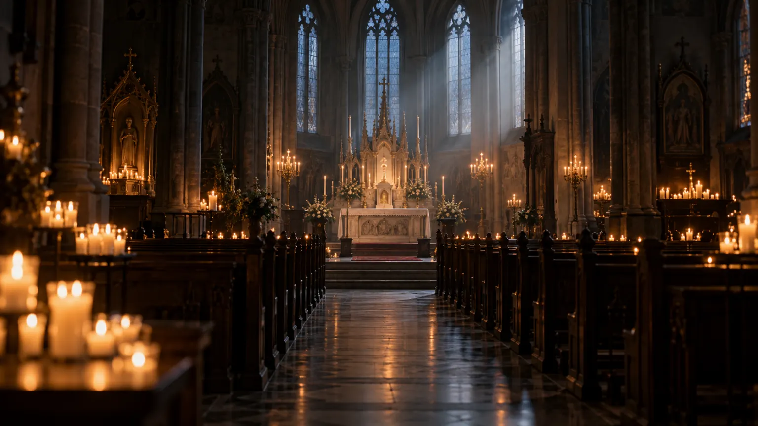 A dark Catholic church illuminated by many votive candles and soft dawn light