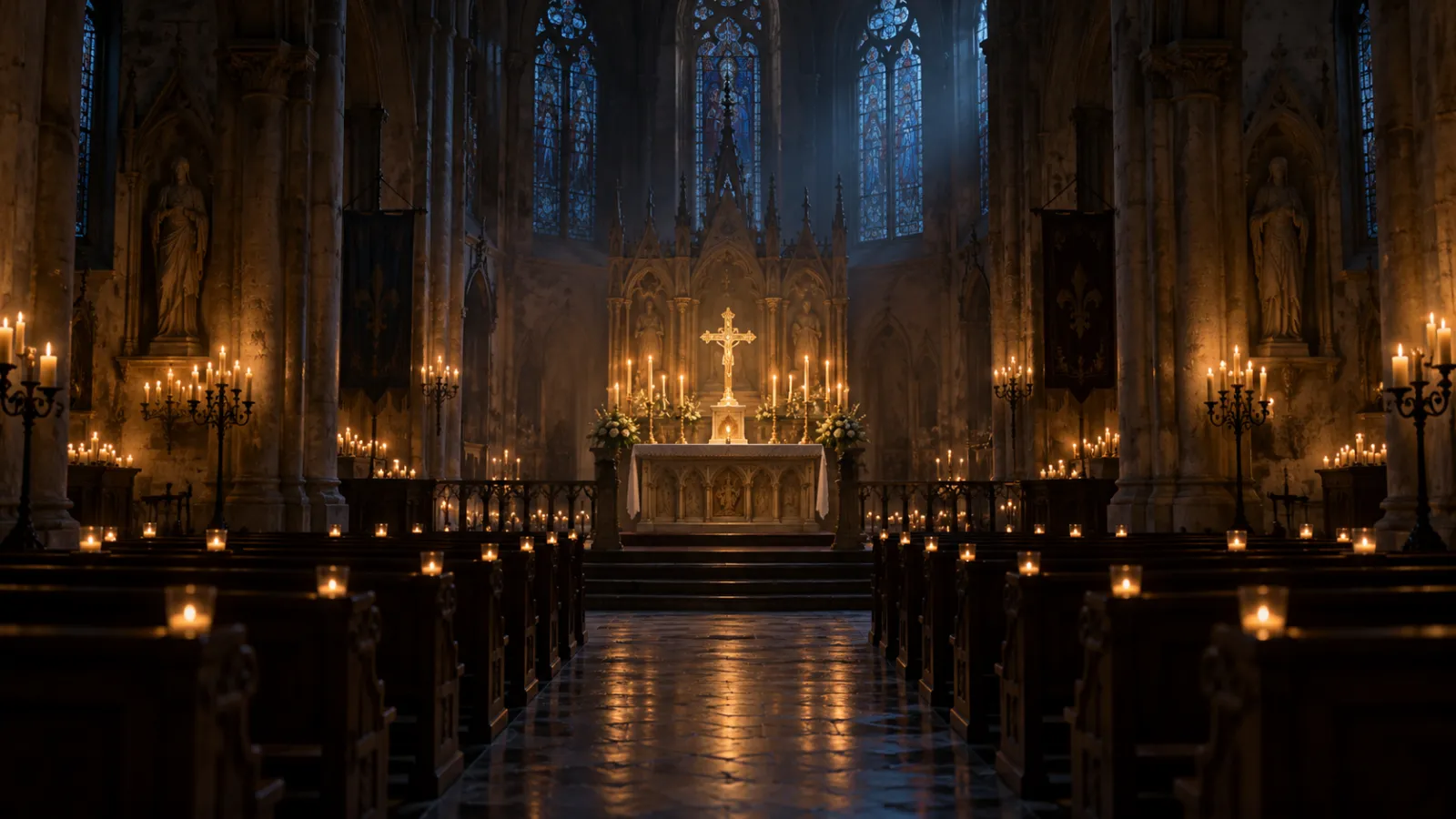 An empty stone church at dawn illuminated by many small votive candles around the altar