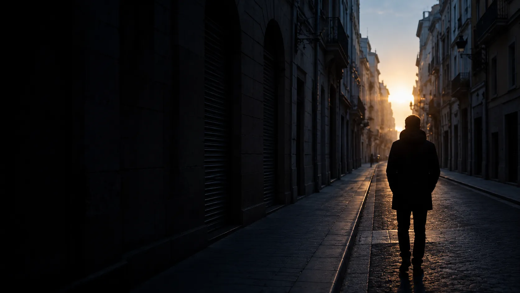 A person standing on a quiet city street at dawn, symbolizing Catholic morning prayer before the day begins.