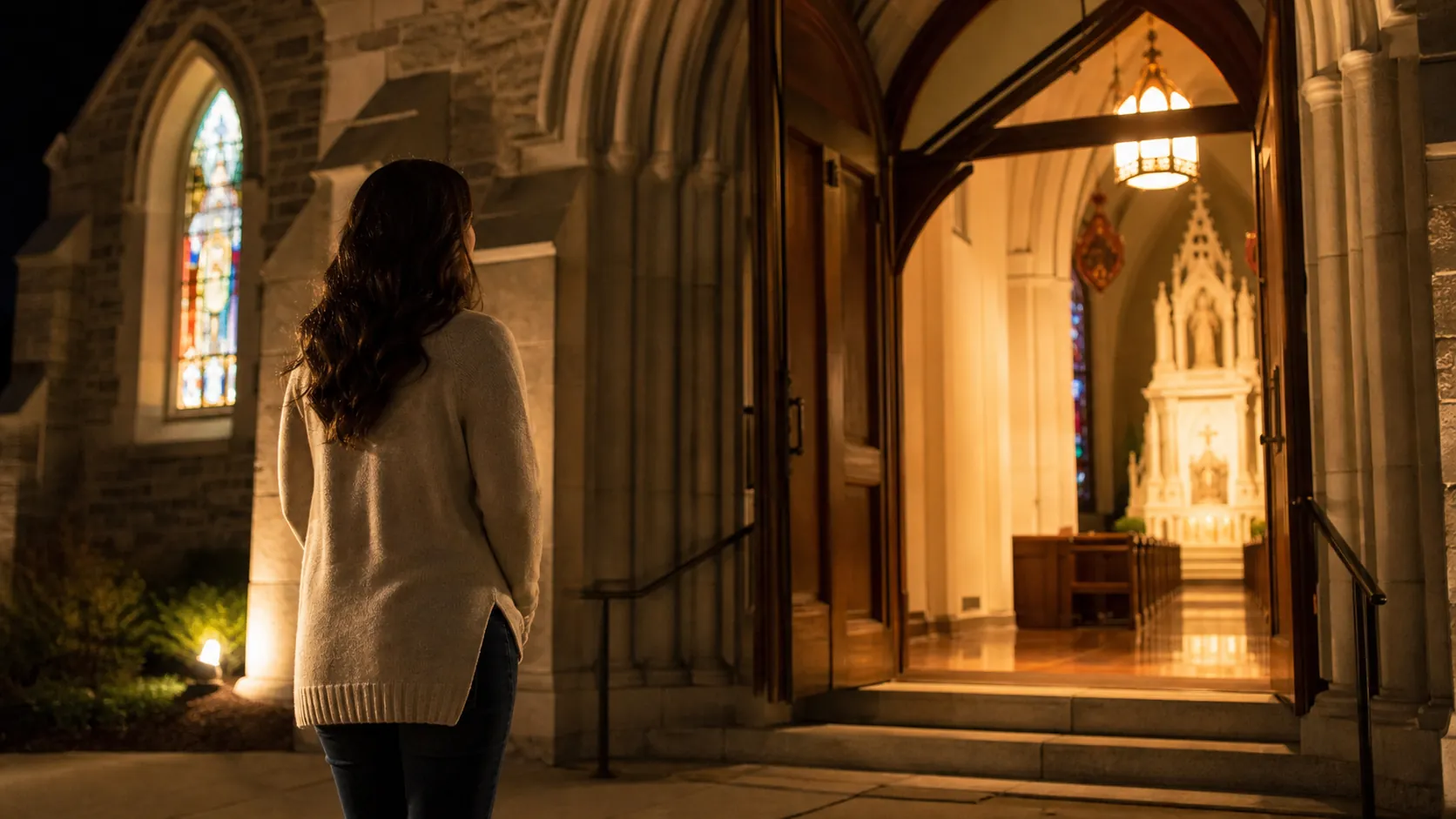 A person standing near the open doors of a softly lit church at night, symbolizing prayer for fear and anxiety.
