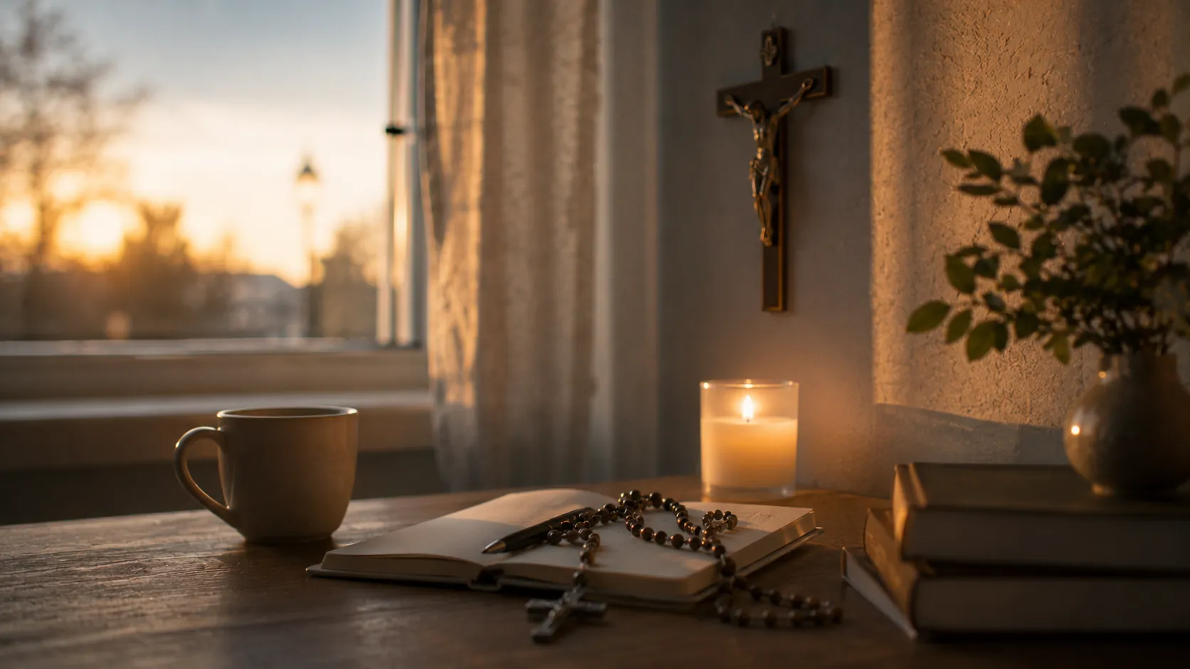 A quiet dark room with a notebook and glass of water near a window, symbolizing peace of mind after mental noise.