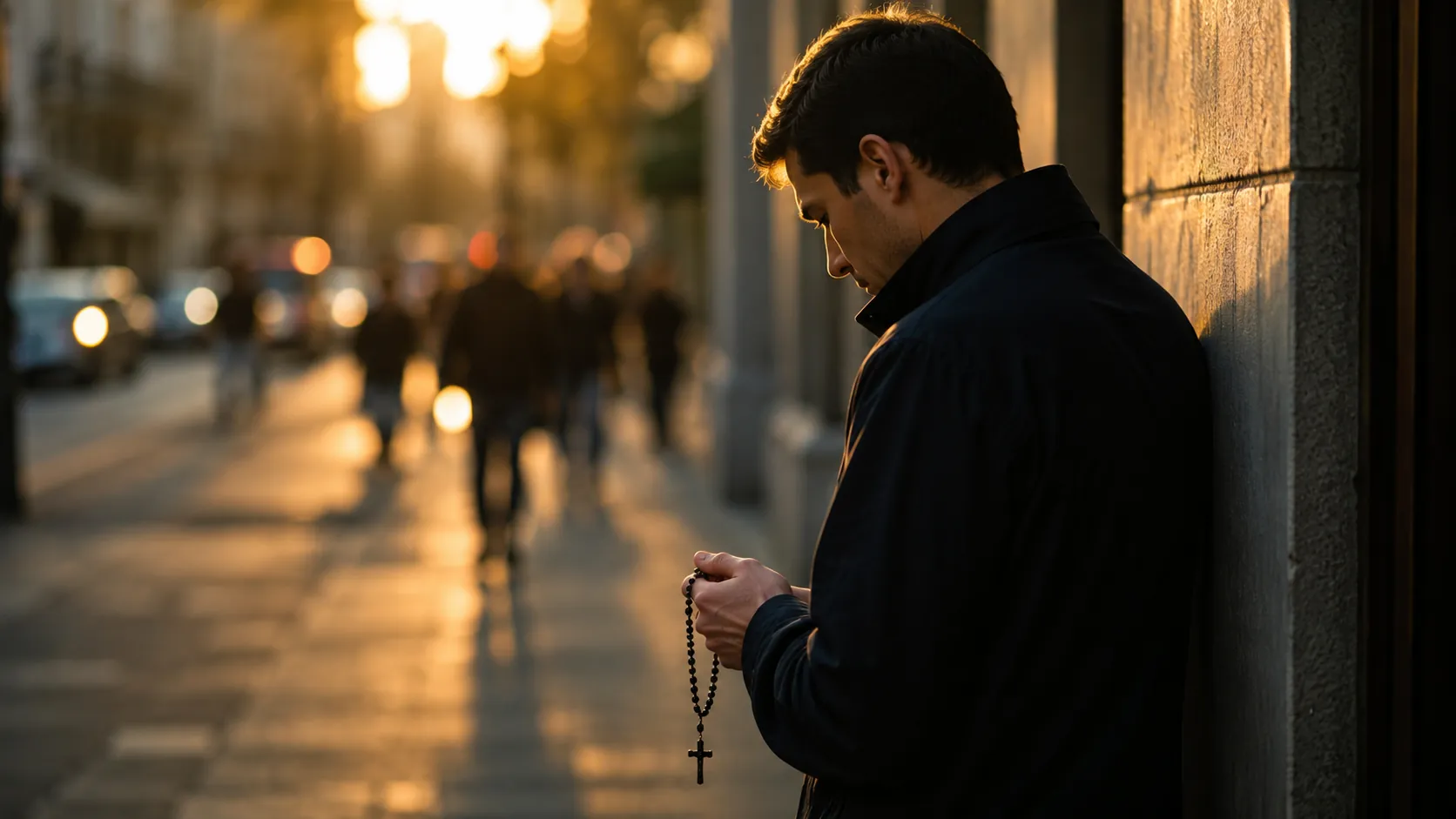 A person pausing quietly outside a busy workplace with a small rosary in hand, symbolizing prayer in a stressful day.