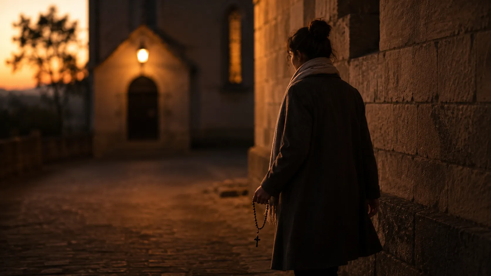 A person walking quietly beside a church wall at dusk with a rosary in hand, symbolizing prayer when worry will not stop.