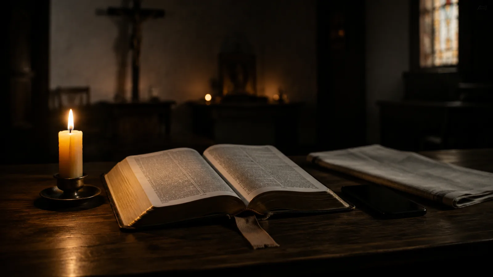 An open Bible, a candle, a folded newspaper, and a face-down phone on a dark wooden table
