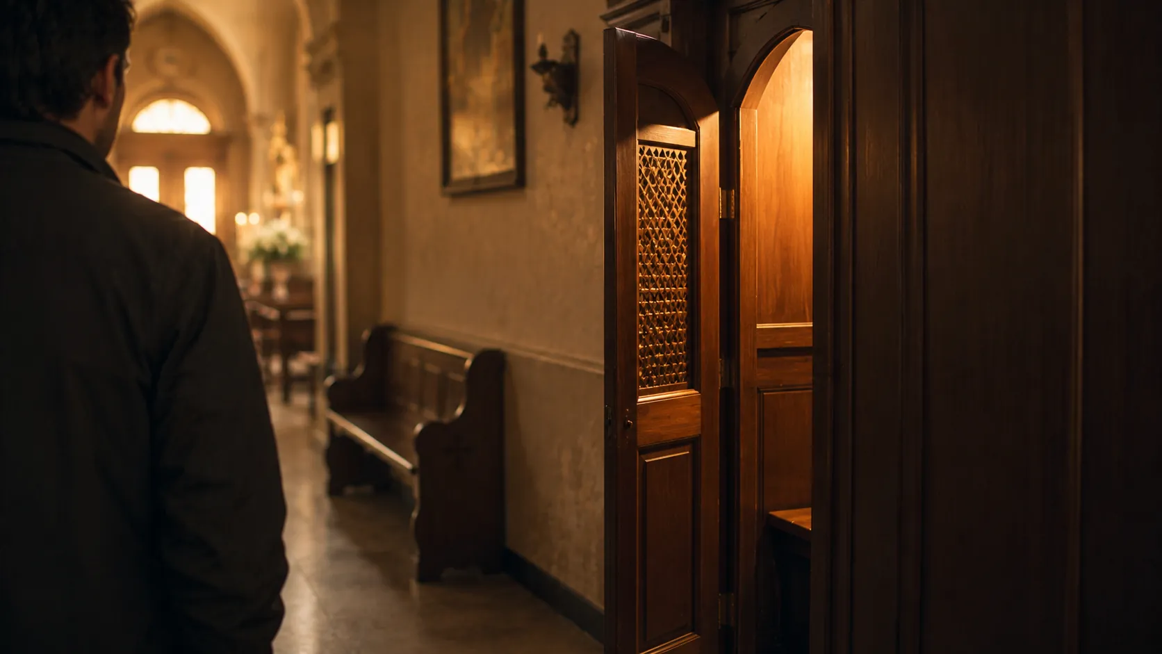 A quiet parish hallway with warm light near a confessional door, symbolizing returning to Confession after many years.