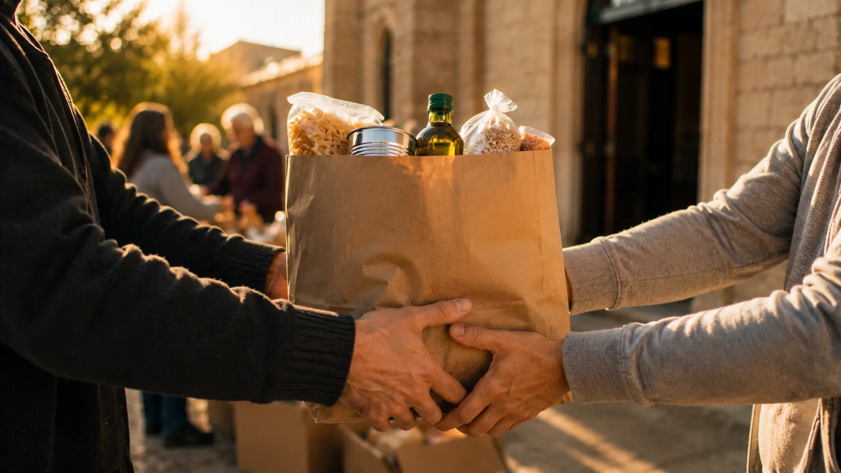 Hands passing a grocery bag to another person outside a parish hall, symbolizing the works of mercy in ordinary Catholic life.