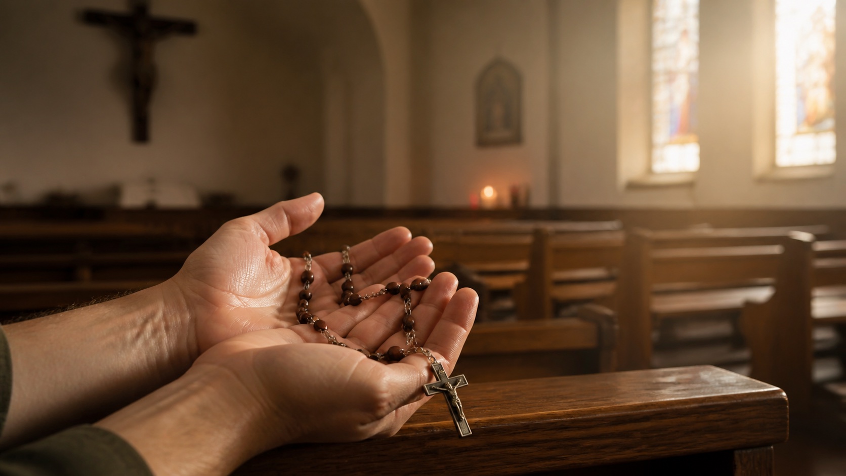 Open hands holding dark wooden rosary beads while praying the Divine Mercy Chaplet in a quiet church during afternoon light.