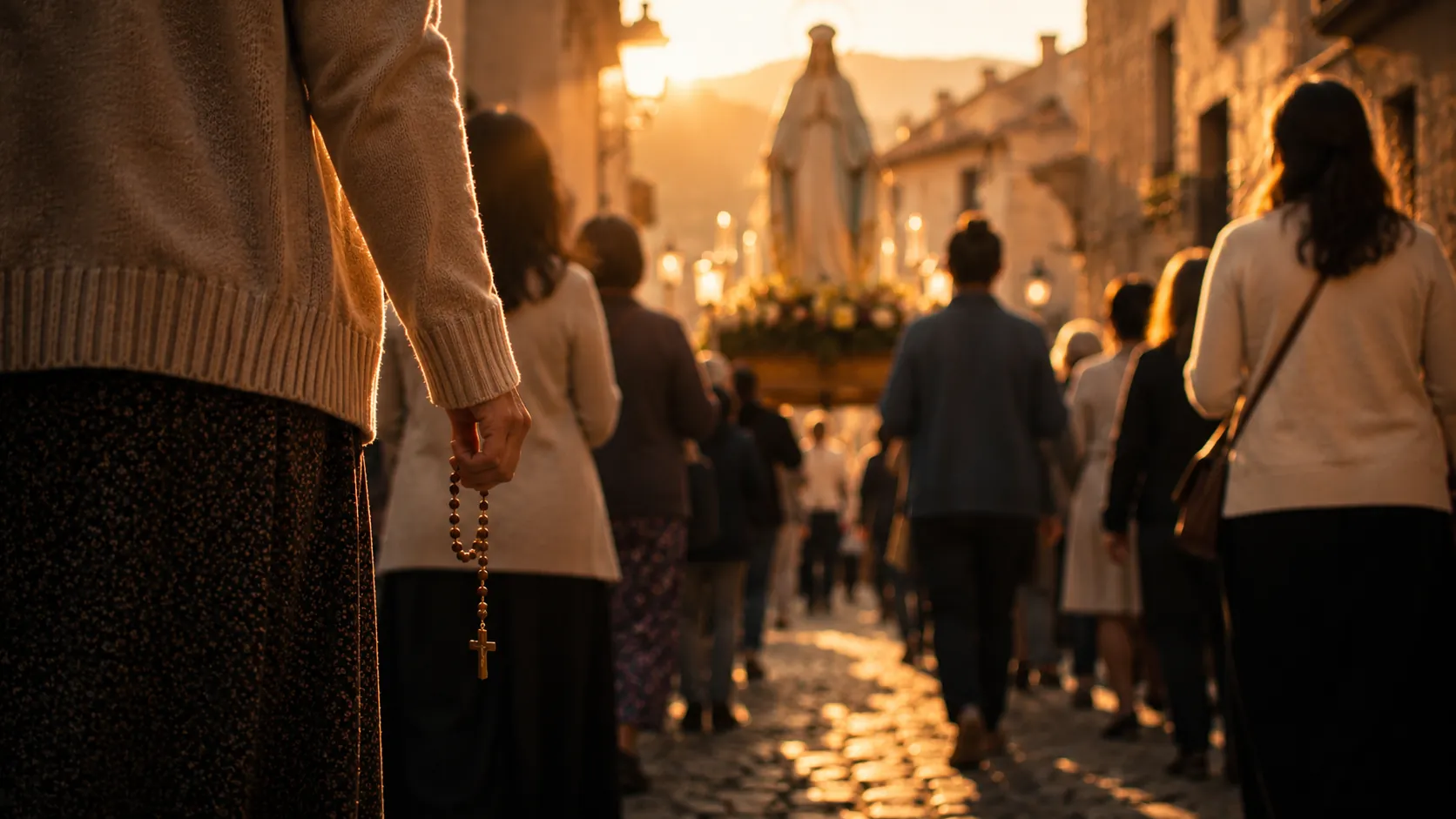 A small group walking in a quiet Marian procession at golden hour, with one person holding a rosary at their side, symbolizing beginning the Rosary with Mary.