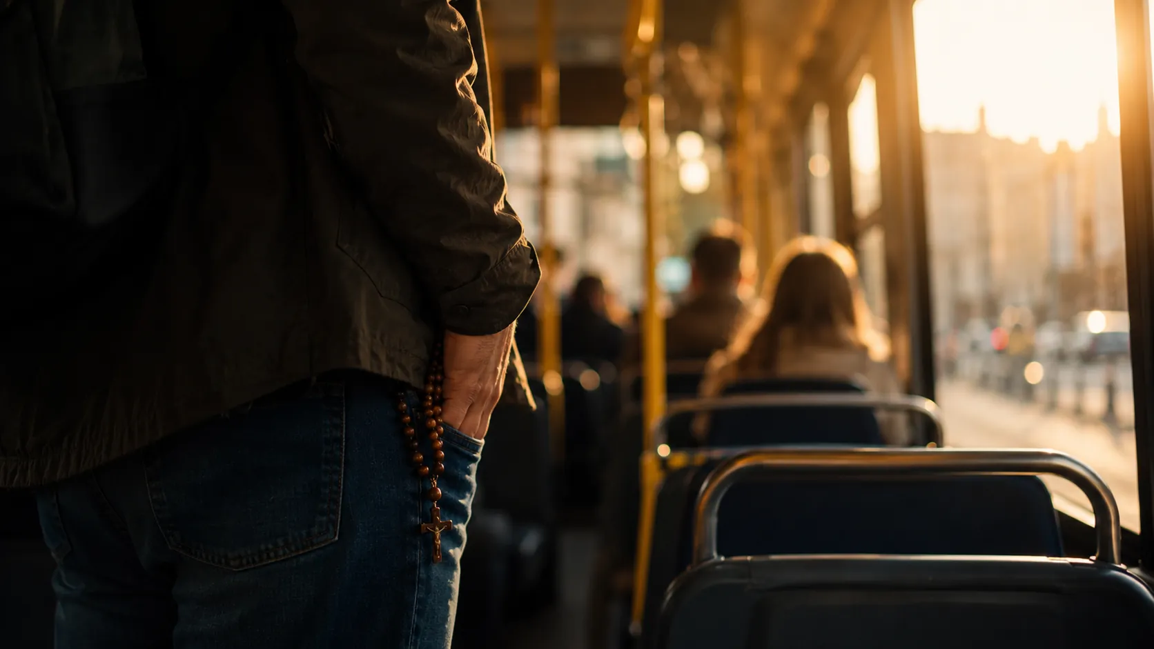 A person standing quietly near the back of a busy city bus with a hand resting on a small rosary in their pocket, symbolizing Catholic prayer amid distraction.