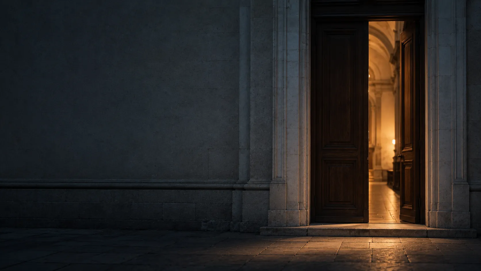 An open Catholic church door with warm light inside, symbolizing returning to God after feeling distant.