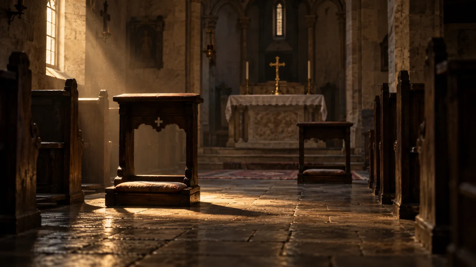Two empty wooden kneelers at different distances in a dark stone chapel with warm morning light