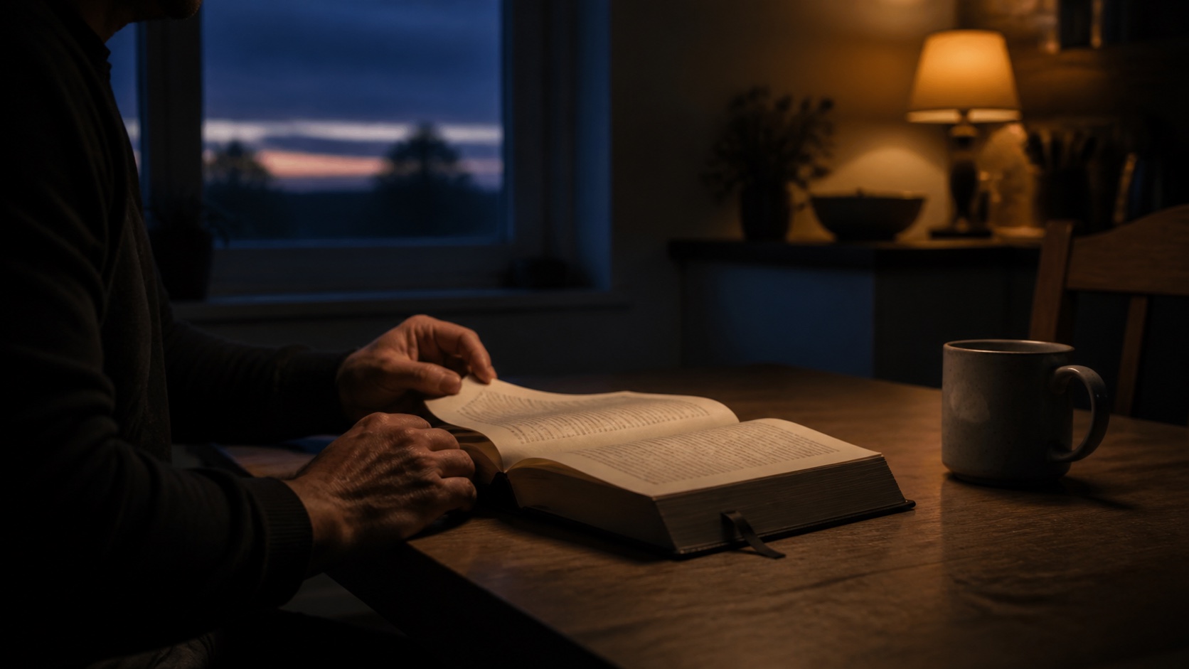 A person beginning to read an open Catholic Bible at a wooden kitchen table before sunrise, lit by a warm lamp.