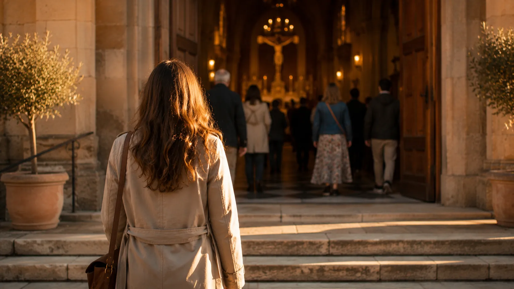 A person seen from behind walking toward the open doors of a parish church as people enter for Mass, symbolizing returning after a long time away.