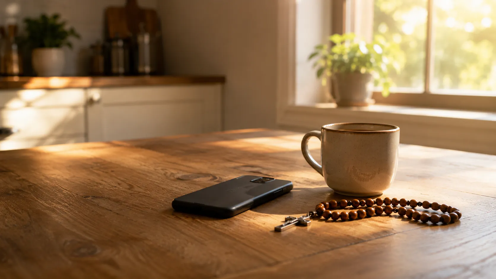 A warm morning kitchen table with a face-down phone, coffee cup, and rosary, symbolizing starting to pray again in ordinary life.