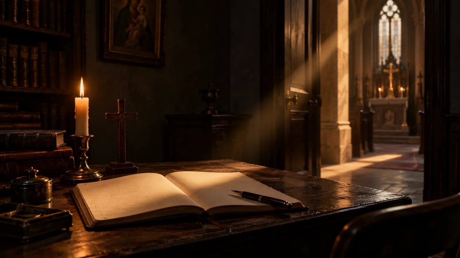 An open notebook, fountain pen, candle, and wooden cross on a dark study desk with warm light leading toward a chapel