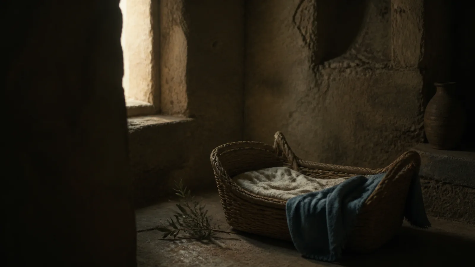 An empty woven cradle with ivory linen and muted blue cloth in a dark ancient stone room at dawn