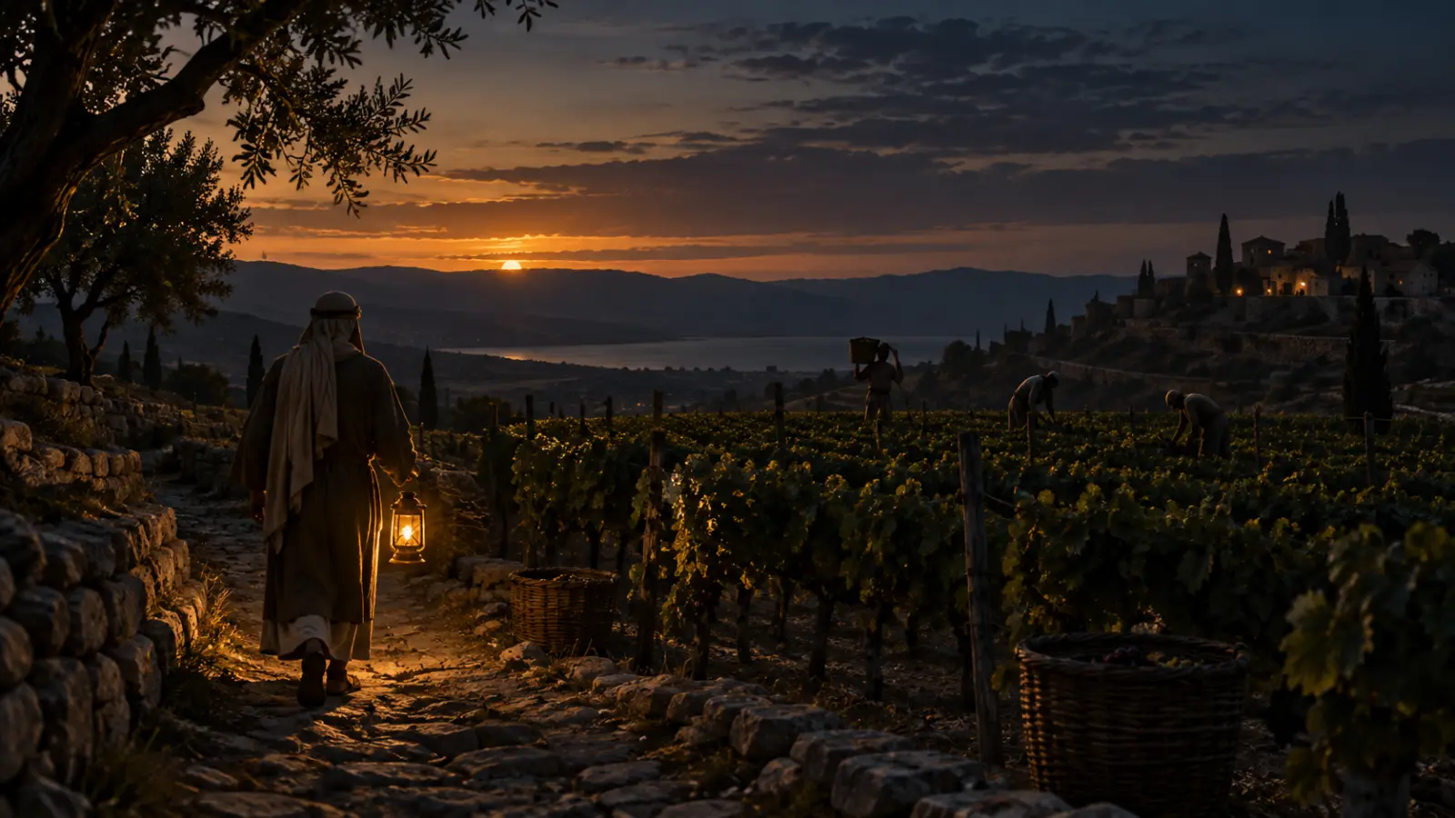 An ancient vineyard at dusk with distant workers and a landowner approaching along a stone path carrying a warm lantern