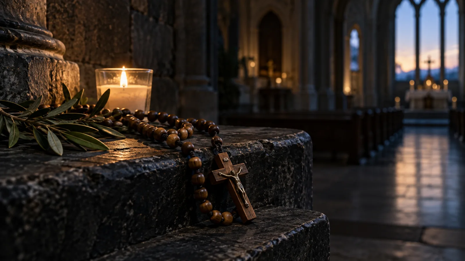 A wooden rosary beside a votive candle and olive branch in a dark chapel at dawn