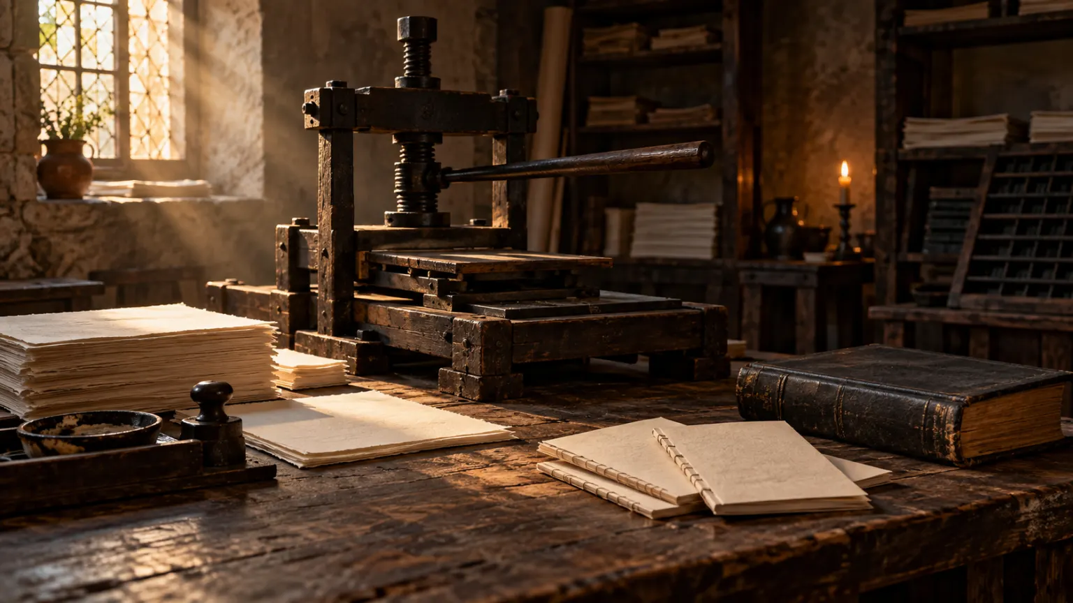 An old hand printing press, blank paper, and a closed Bible in a dark nineteenth-century workshop