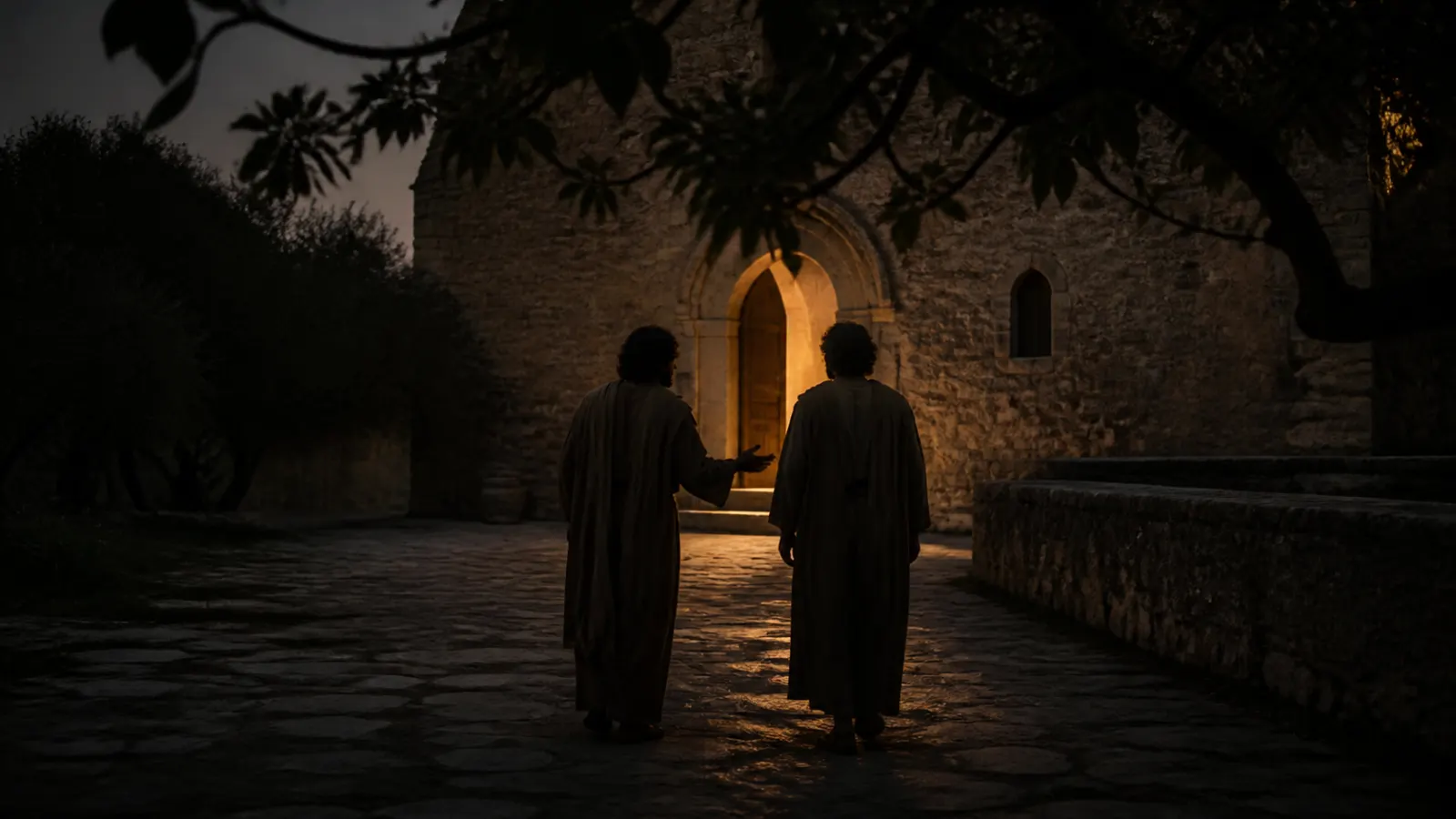 Two anonymous people walking toward a softly lit church doorway at dusk beneath fig tree branches
