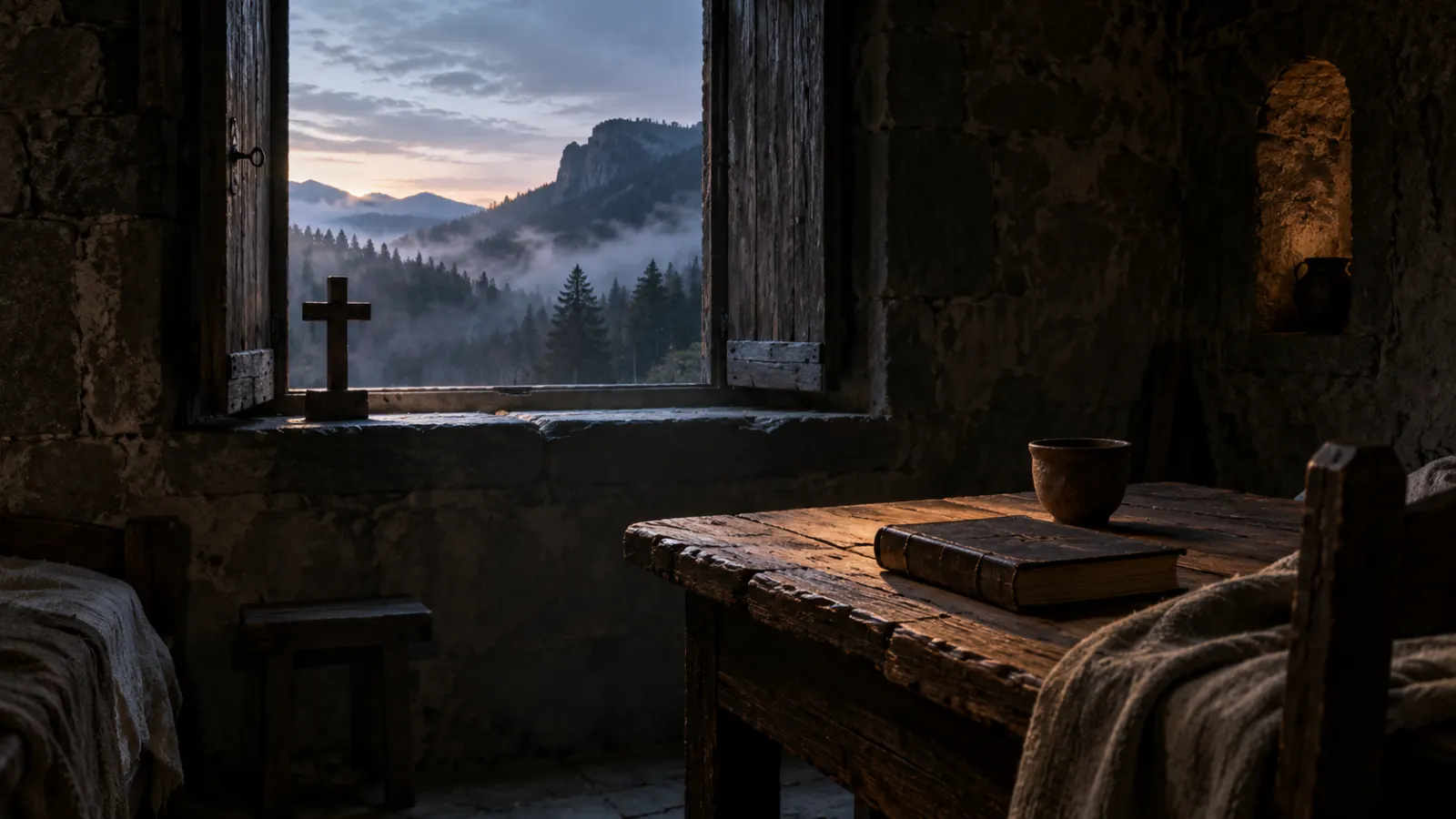 A wooden cross, prayer book, and clay cup in a dark stone monastic room overlooking a misty mountain forest at dawn