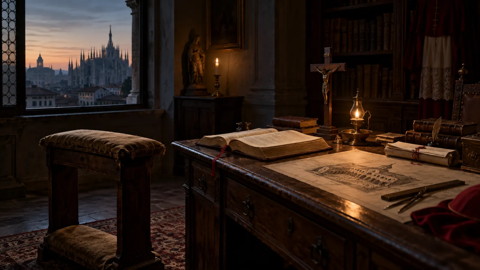 An empty Renaissance bishop’s study with a kneeler, cross, open prayer book, pastoral papers, and seminary plans at dawn