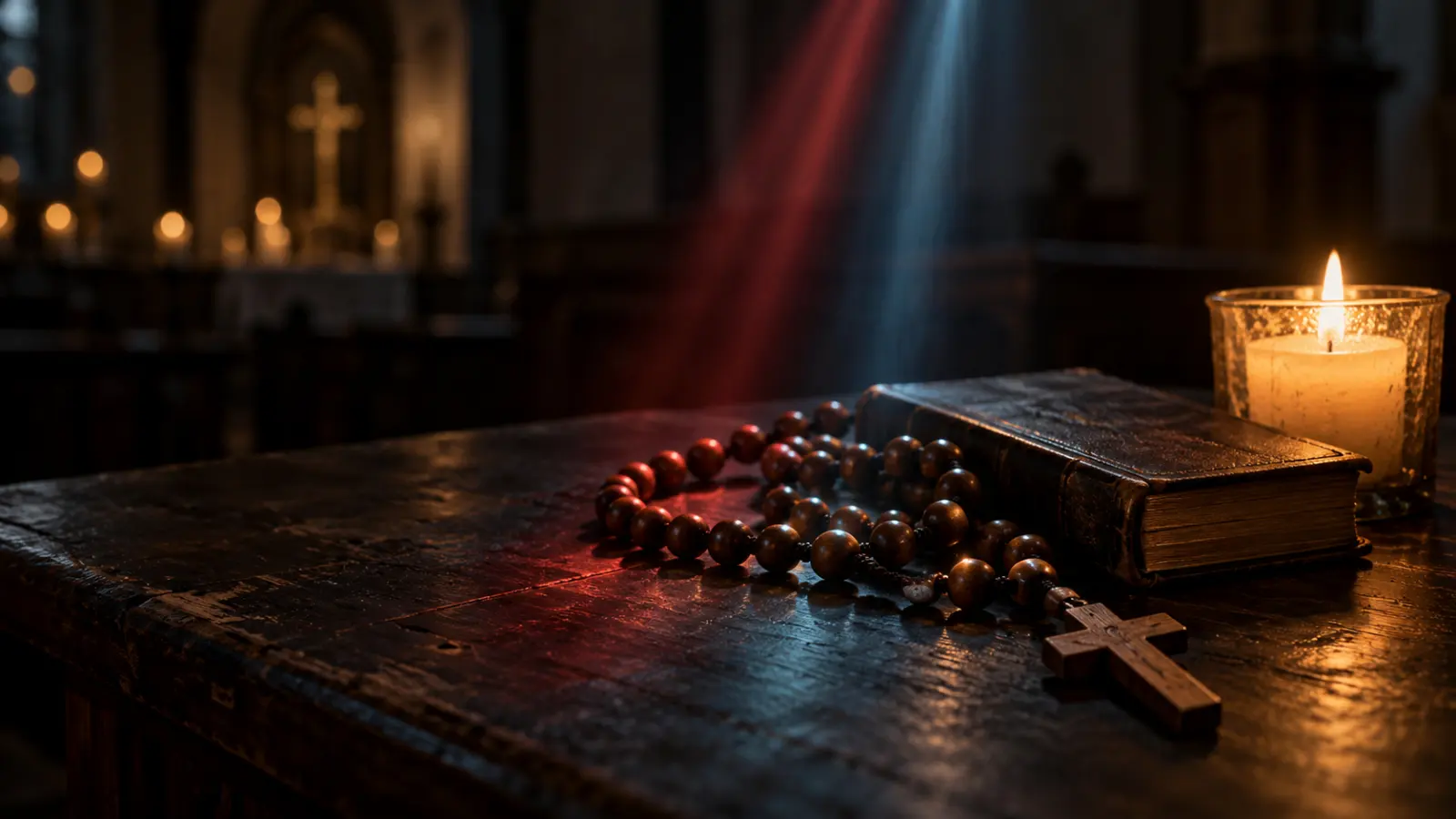 A wooden rosary, prayer book, and candle crossed by subtle red and blue light in a dark chapel
