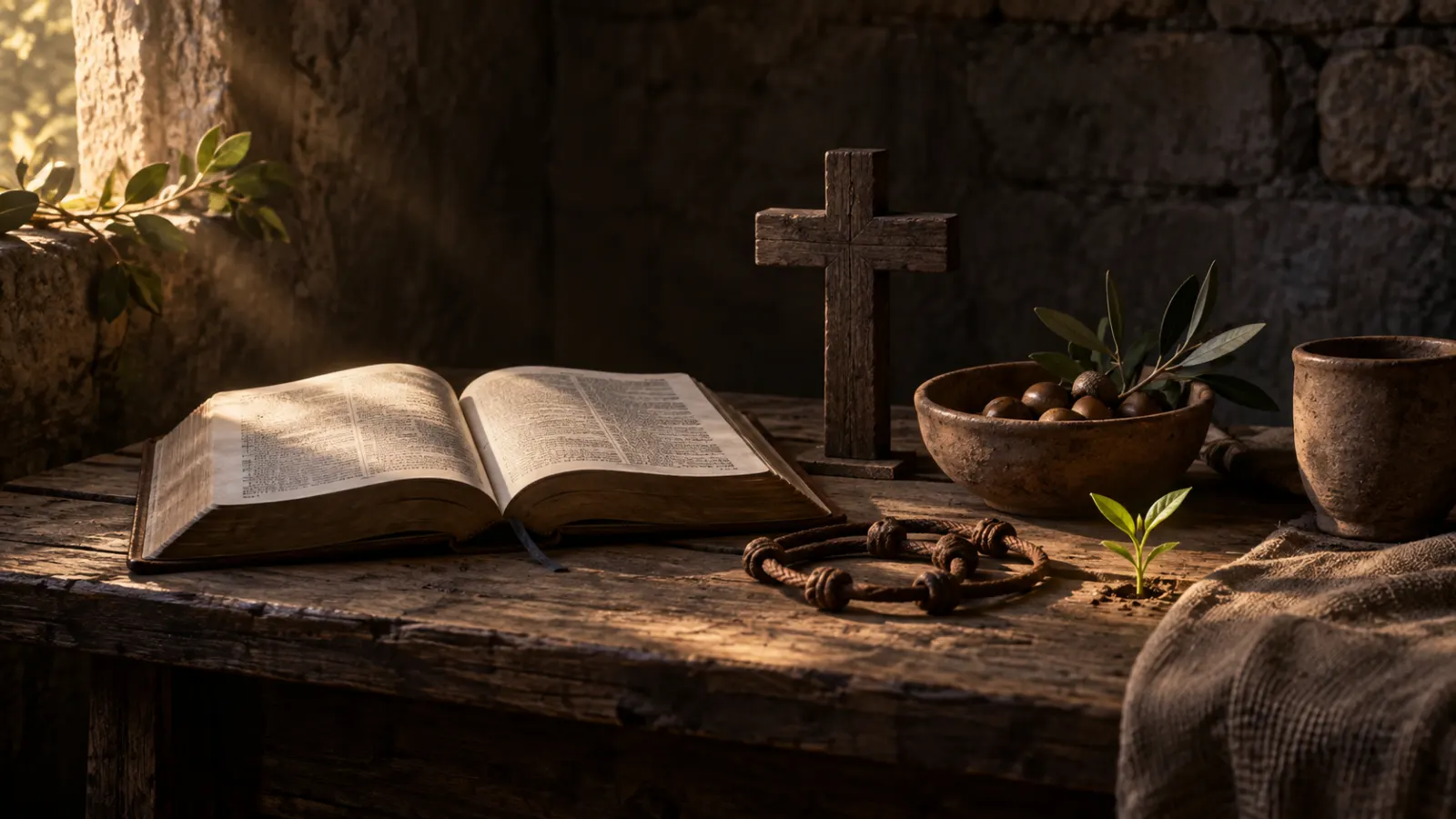 An open Bible, a wooden cross, a knotted cord, olive leaves, and a green shoot on a dark rustic table