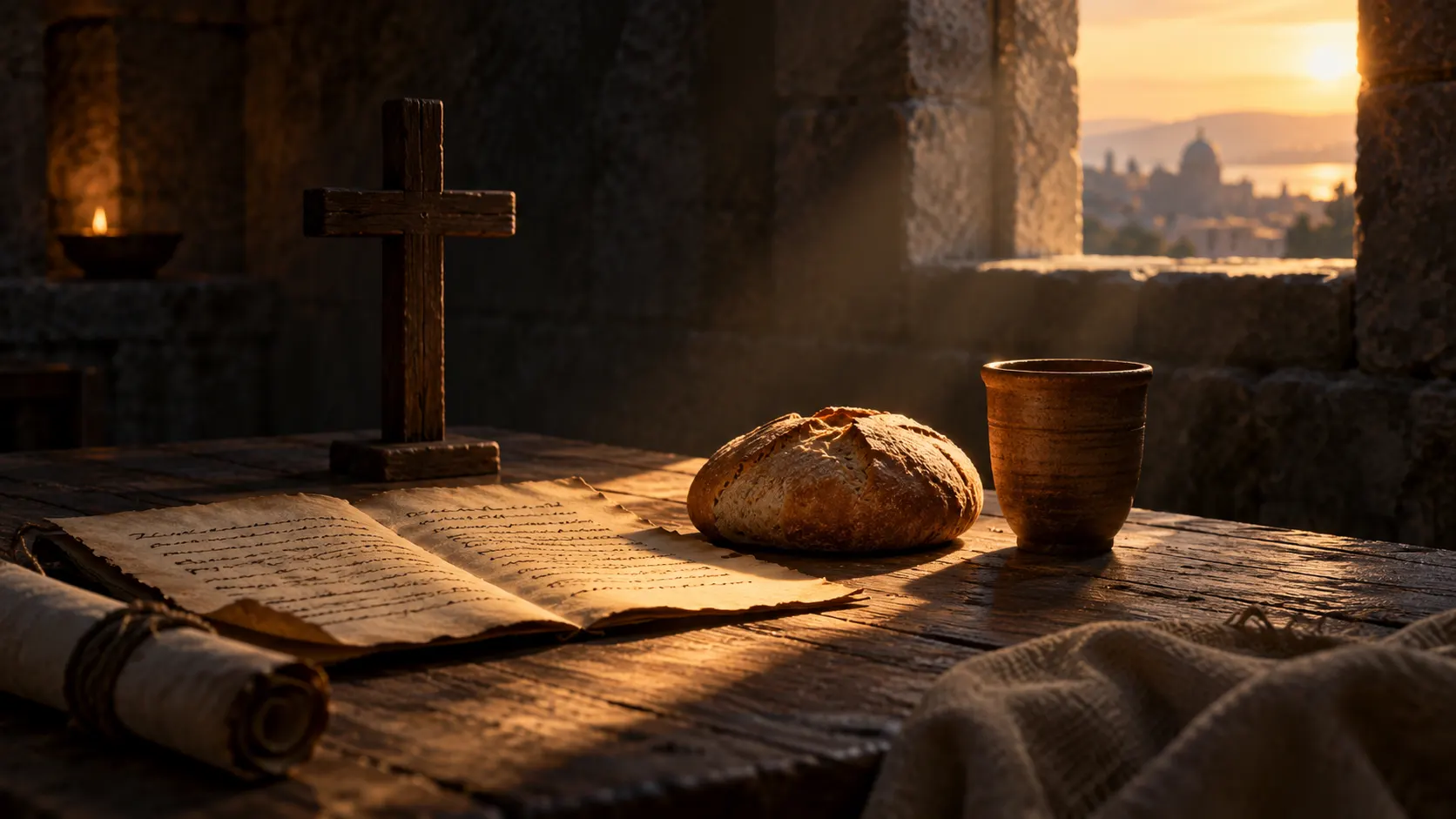 A loaf of bread, clay cup, ancient letter, and wooden cross on a dark stone table illuminated by warm dawn light