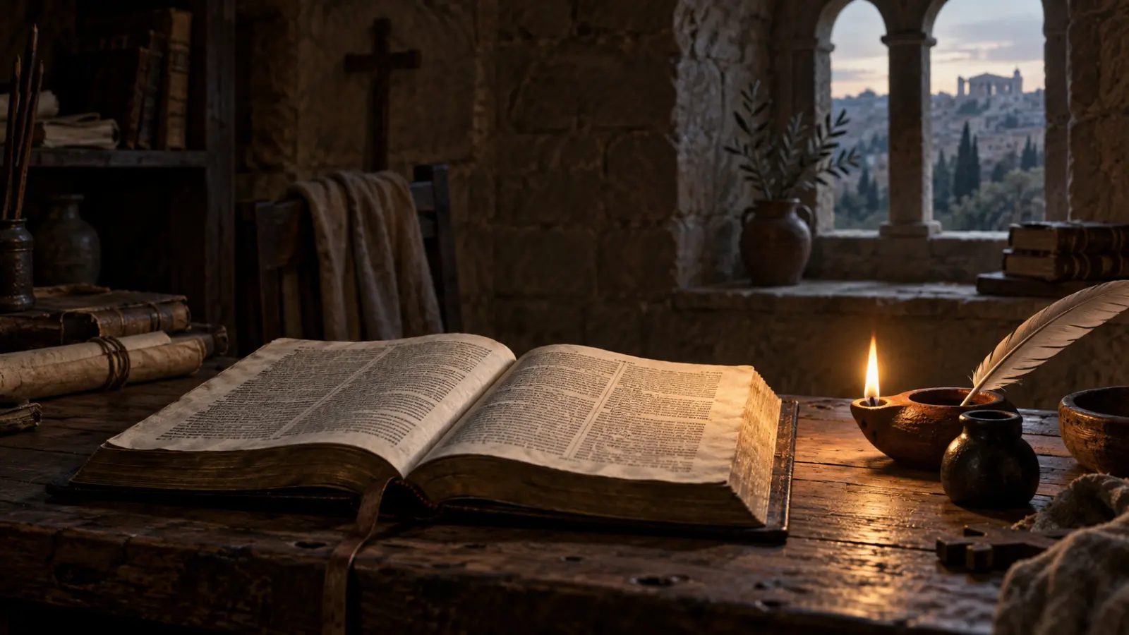 An open Bible, quill, and small oil lamp on a wooden desk in a quiet stone study