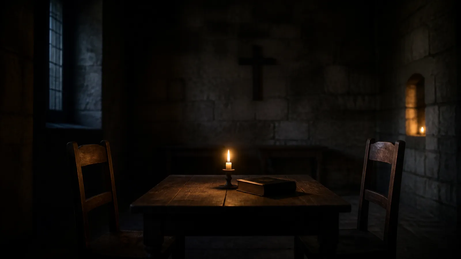 Two empty wooden chairs facing each other across a candlelit table in a dark stone chapel
