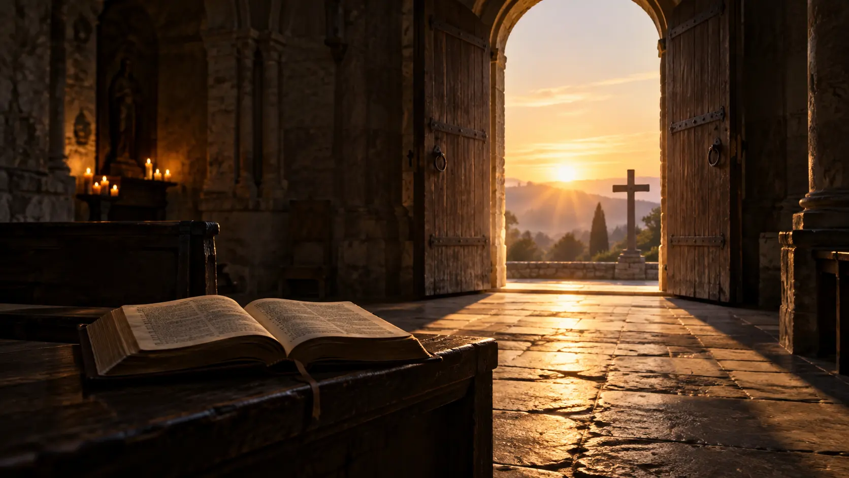 Open wooden chapel doors reveal warm dawn light, with an open Bible and a simple cross in a quiet dark interior