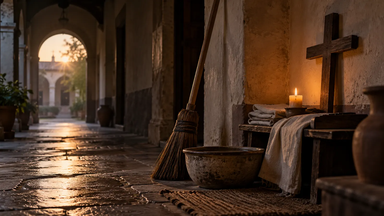 A worn broom, basin, folded linen, candle, and wooden cross in a quiet convent corridor at dawn