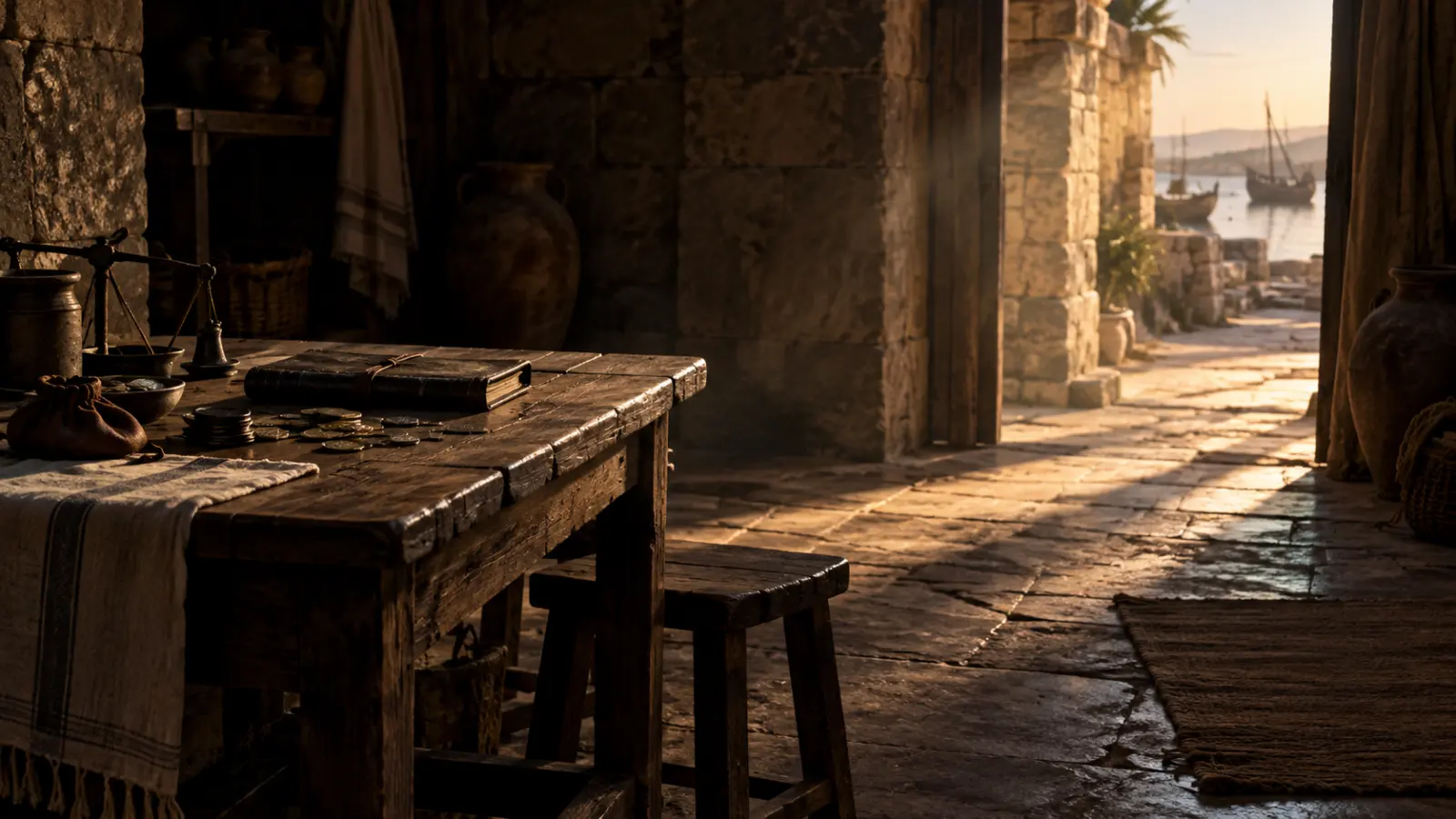 An abandoned ancient customs table in a dark stone room with a warm path of light leading through an open doorway