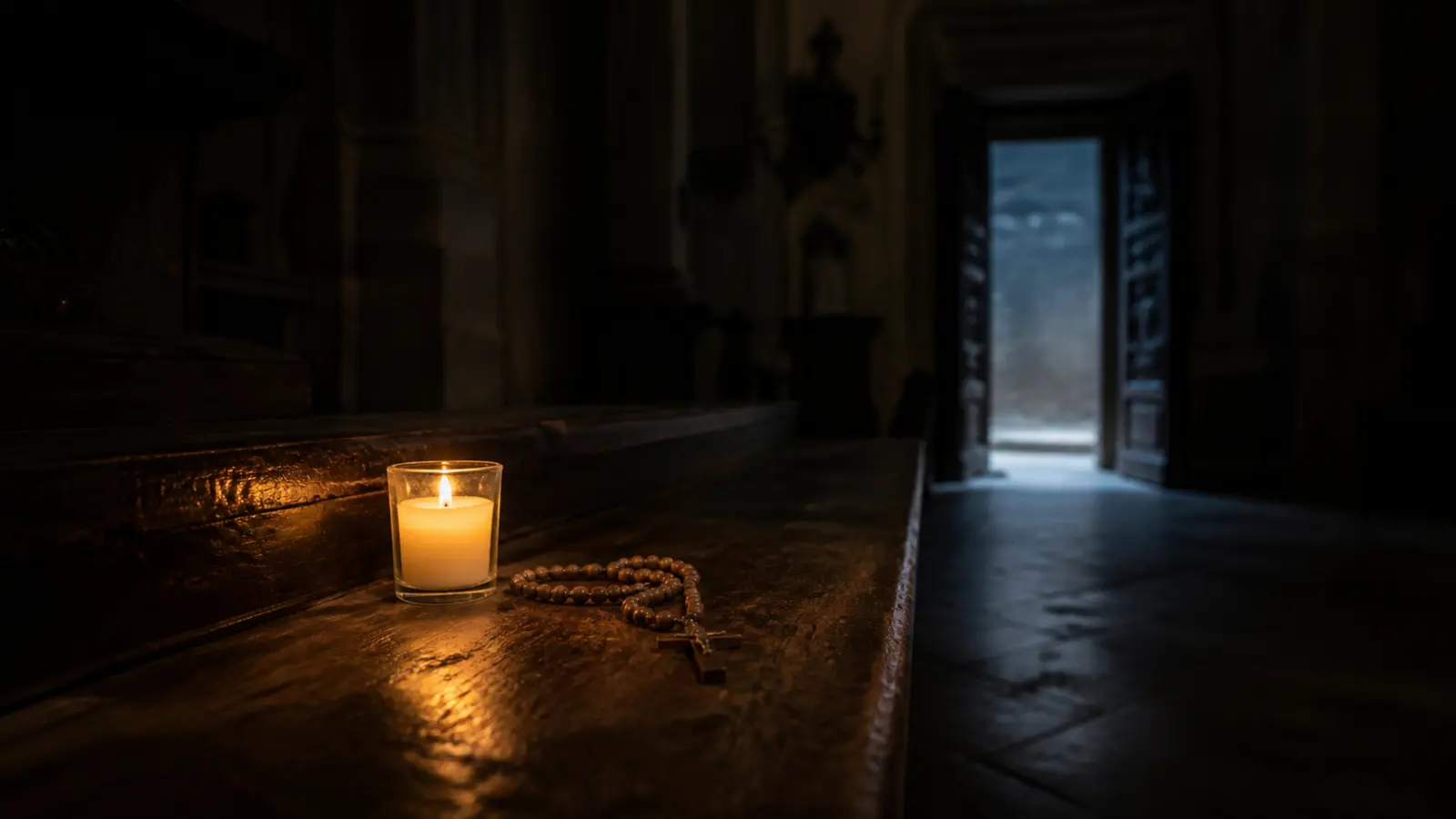 A votive candle and rosary on a dark wooden church pew facing an open doorway at blue hour