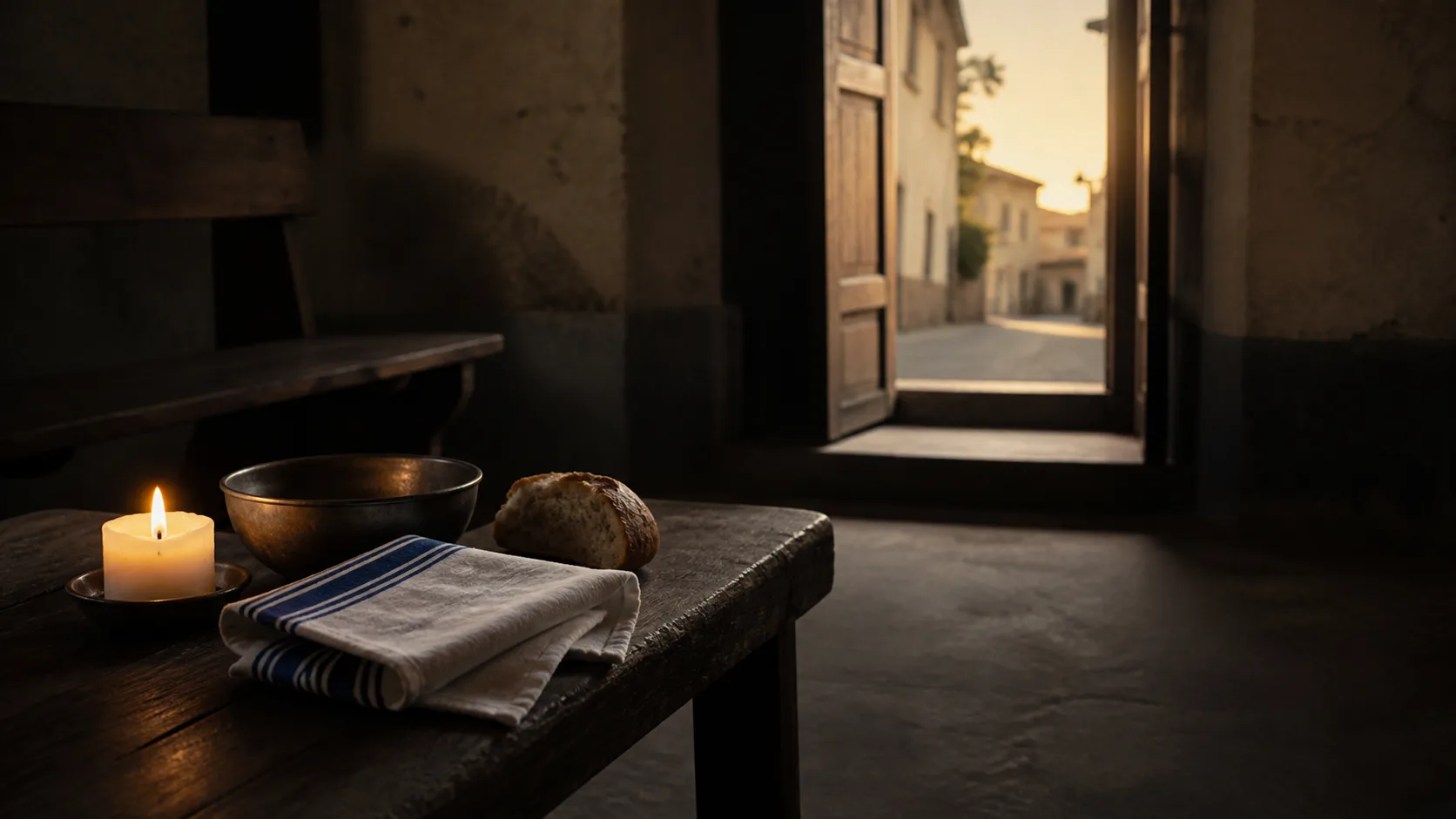 A candle, metal bowl, bread, and folded white cloth with blue stripes beside an open doorway at dawn