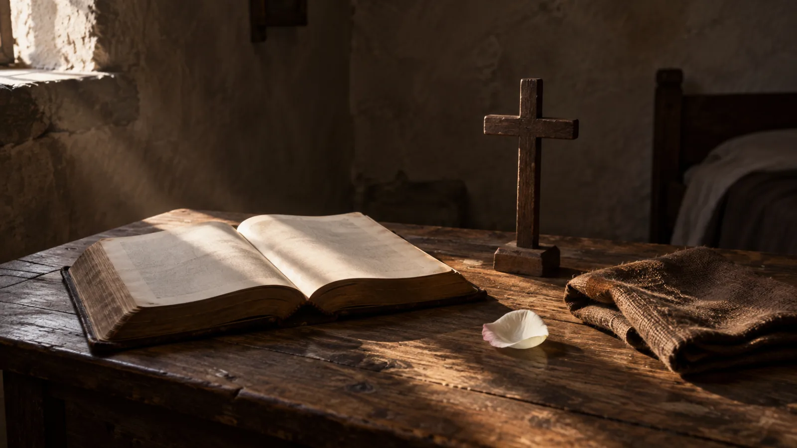 An open Gospel, a simple wooden cross, a rose petal, and folded work cloth in a quiet Carmelite room