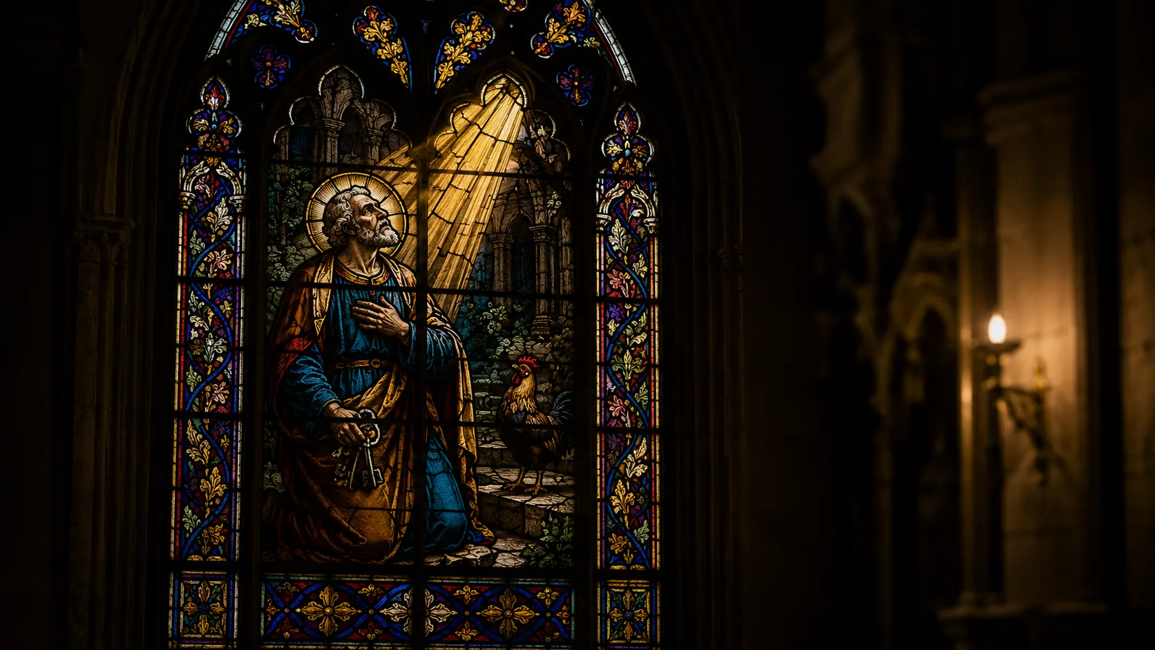 A neo-Gothic stained glass window showing St. Peter in sorrowful repentance with keys and a rooster, symbolizing mercy after failure.