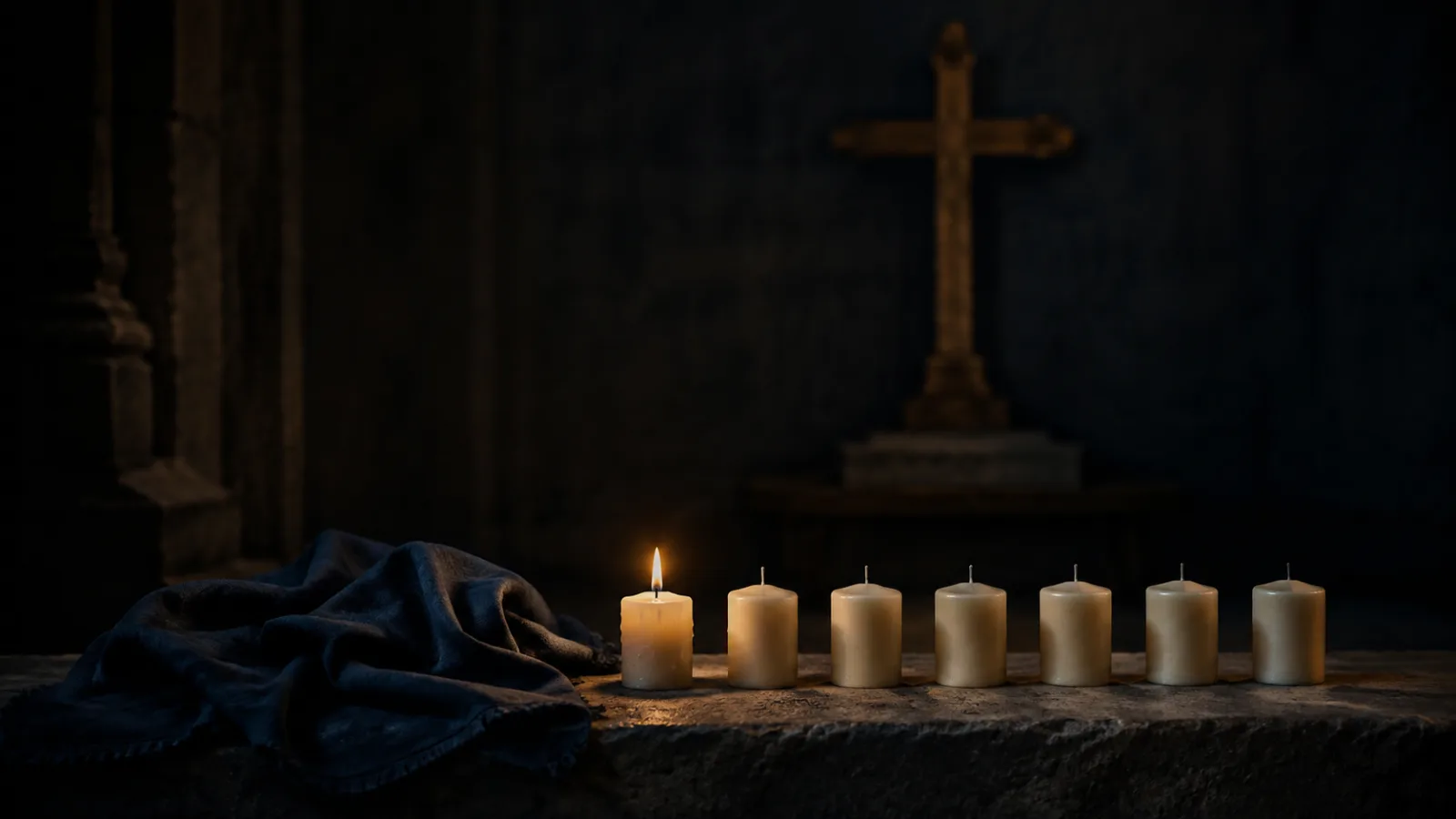 A folded midnight-blue veil beside seven ivory candles and a wooden cross in a dark chapel
