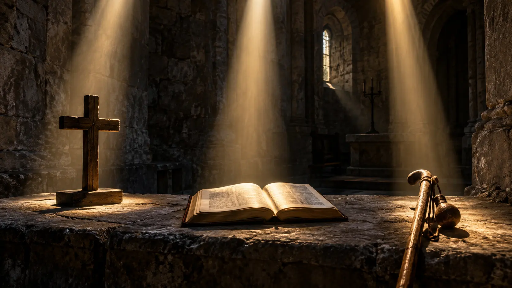 Three warm shafts of light illuminate a wooden cross, open Scripture, and a pilgrim's staff in a dark stone chapel