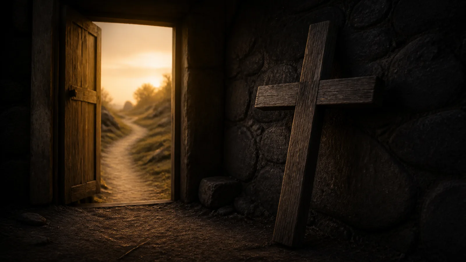 A simple wooden cross beside an open doorway and a narrow path in warm dawn light