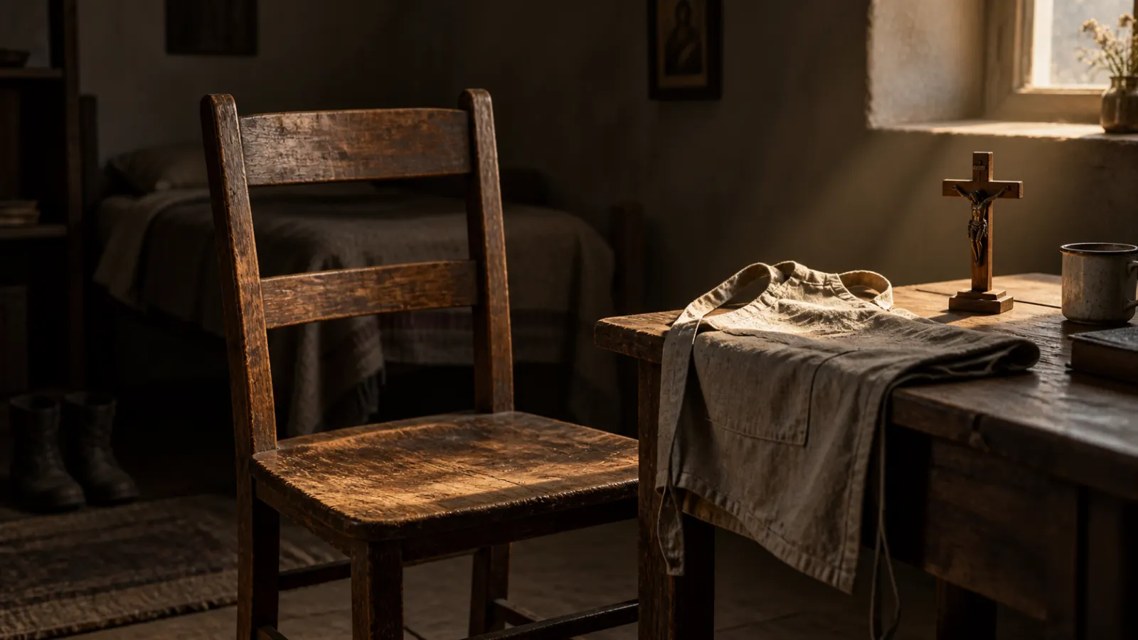 An empty worn wooden chair beside a work apron and crucifix in a quiet room illuminated by warm morning light