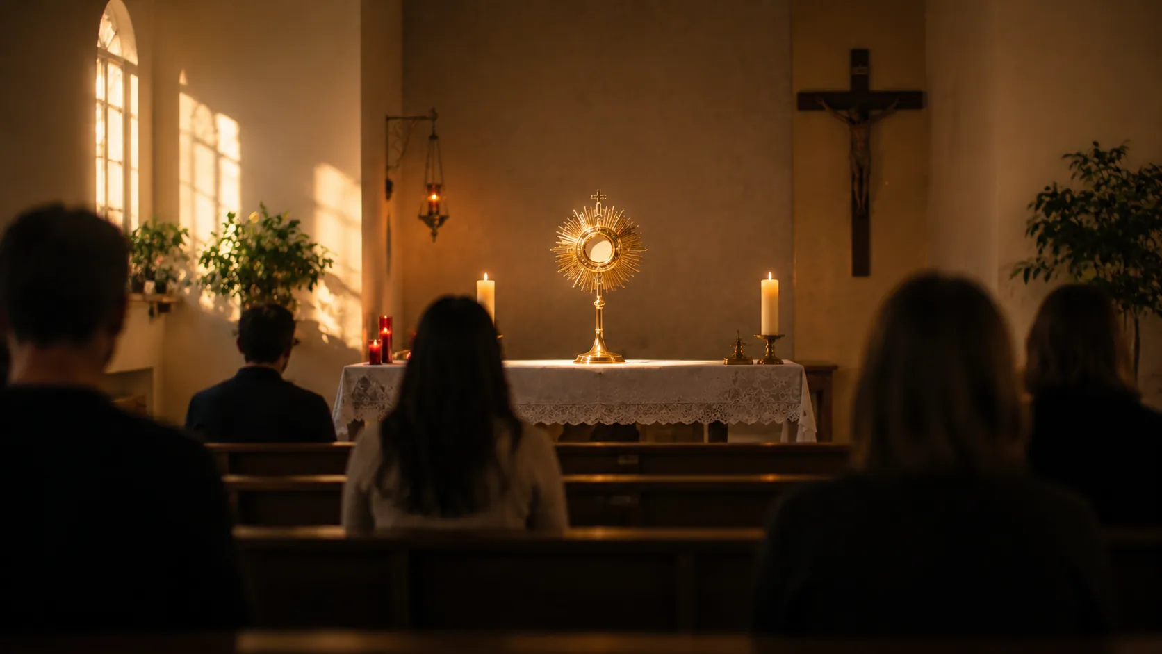 A quiet chapel with people softly blurred in prayer before the Blessed Sacrament, symbolizing Eucharistic Adoration for beginners.
