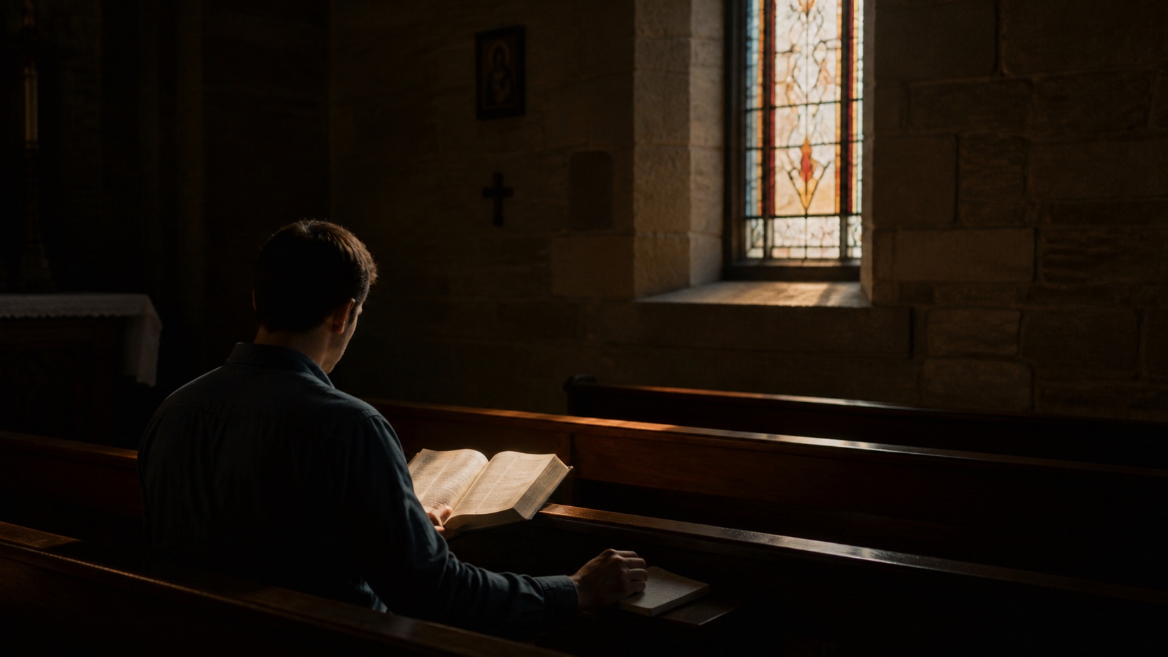 A Catholic layperson practicing lectio divina with an open Bible in a quiet chapel lit by a stained-glass window.