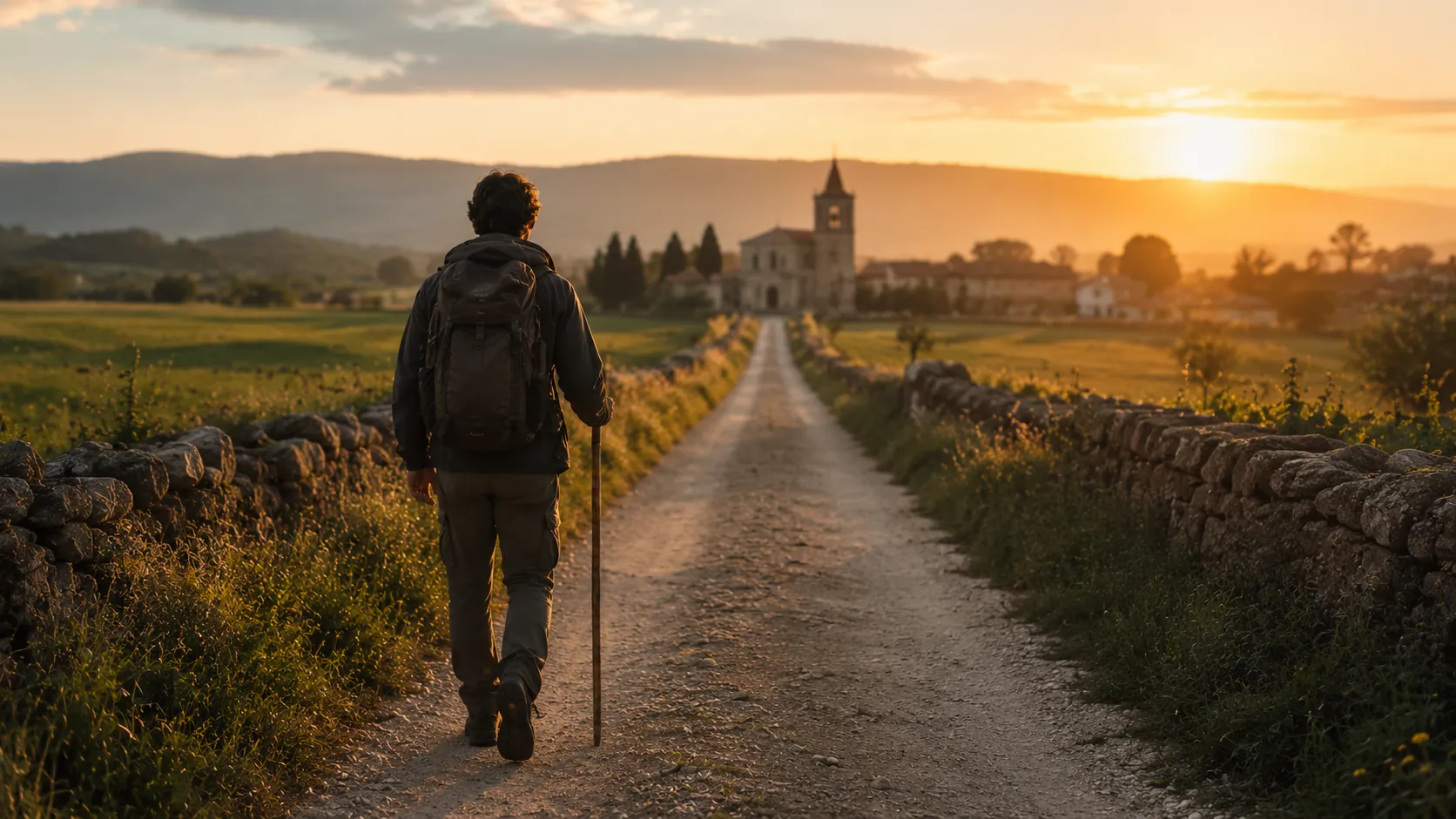 A pilgrim walking at sunrise on a Camino-style road toward a distant church, symbolizing pilgrimage and returning to God.