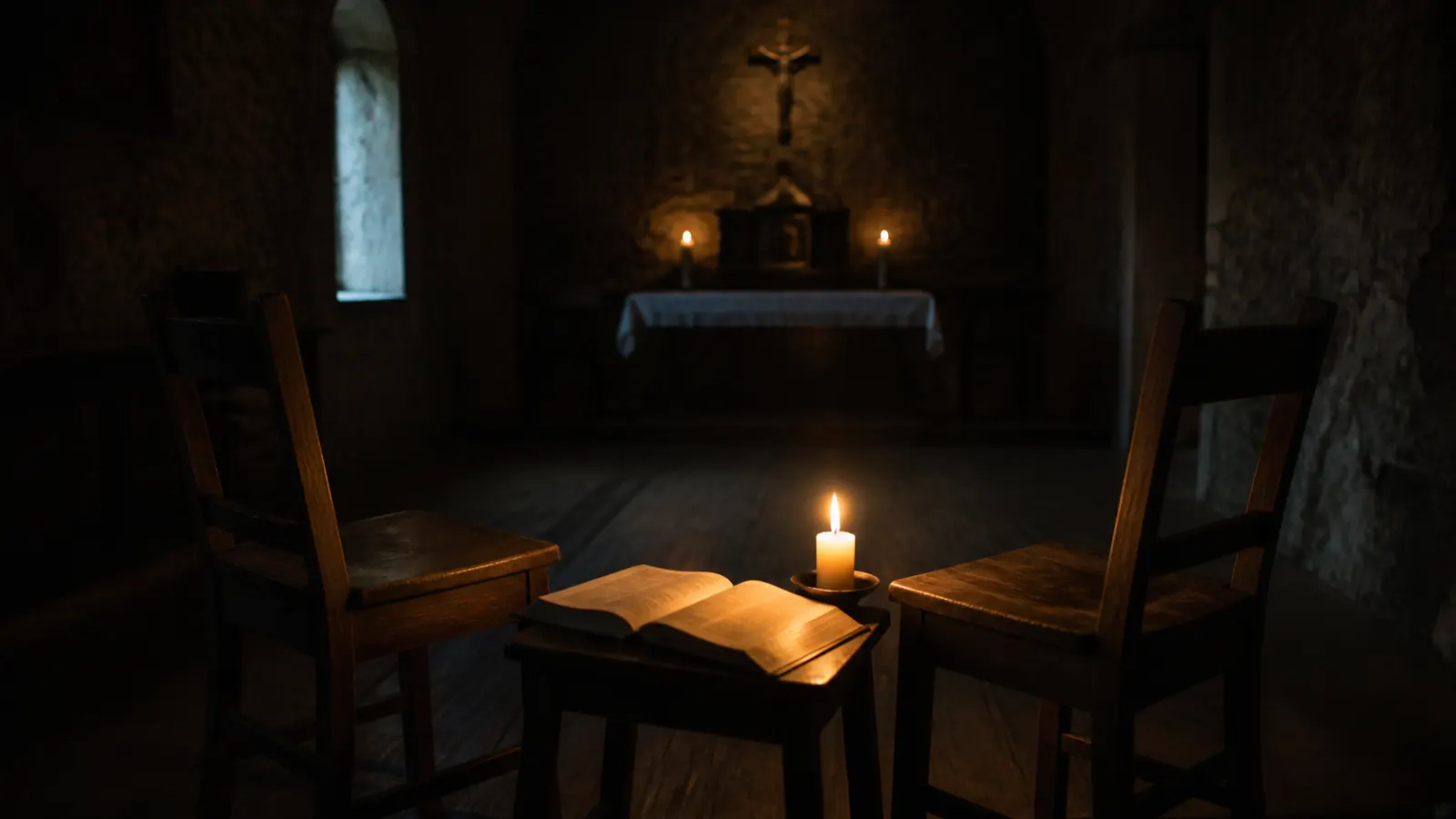 Two empty wooden chairs beside an open Bible and a candle in a quiet dark chapel