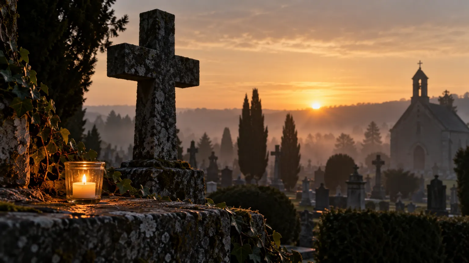 A quiet Catholic cemetery at dawn with a votive candle beside a simple stone cross