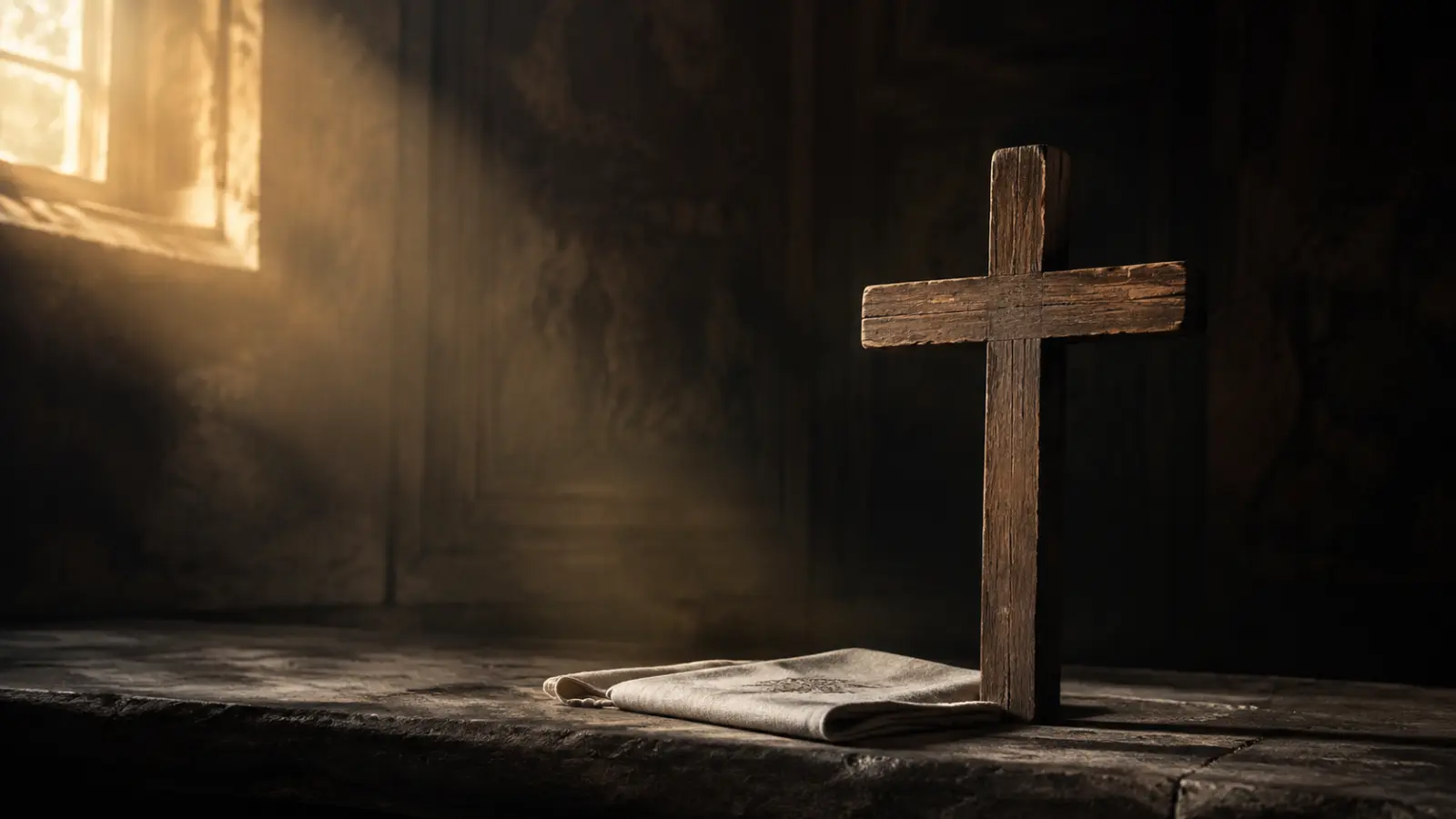 A simple weathered wooden cross beside a folded ivory cloth in a dark chapel lit by warm dawn light