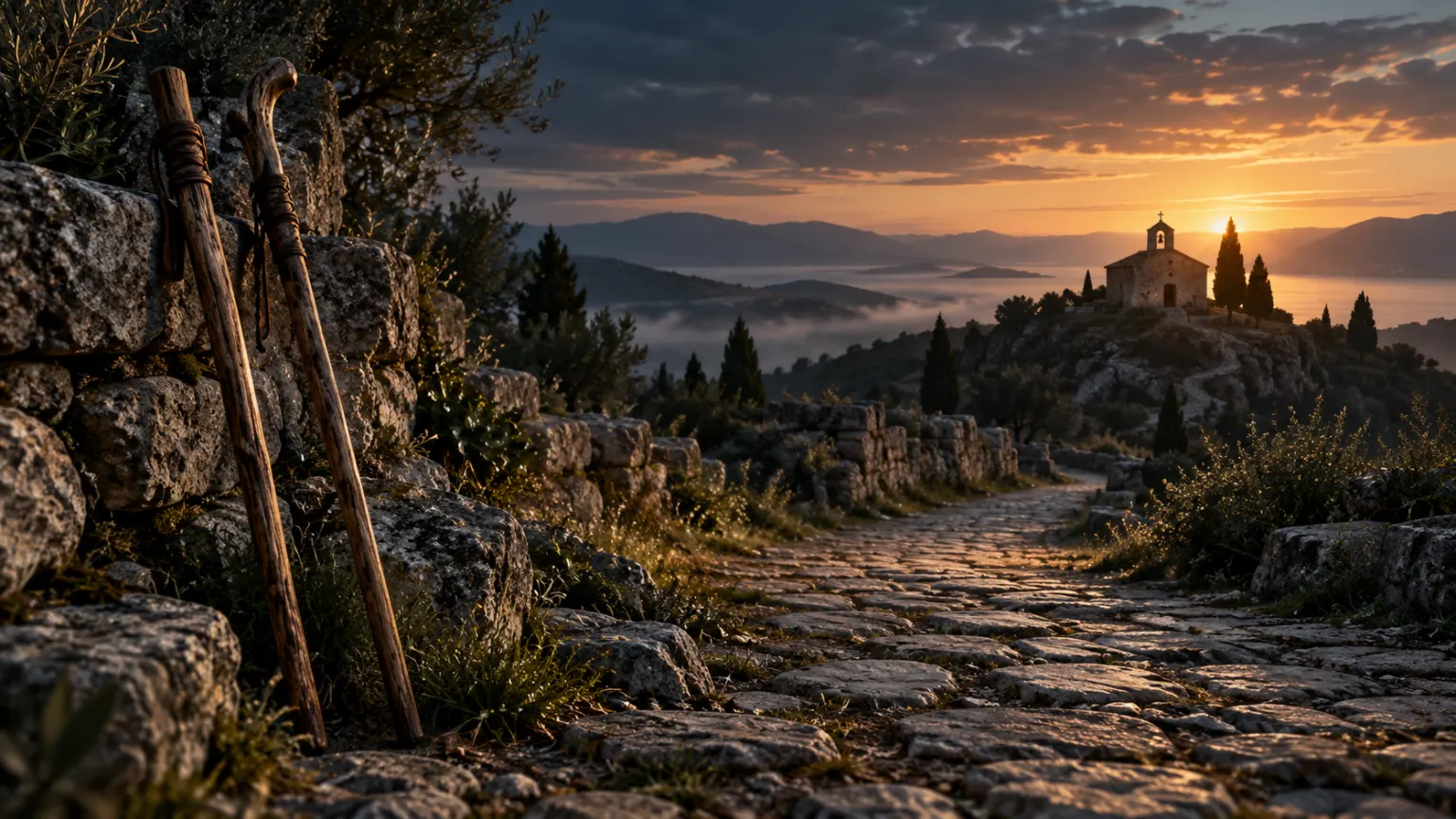 Two weathered walking staffs beside one stone path leading toward a small chapel at dawn