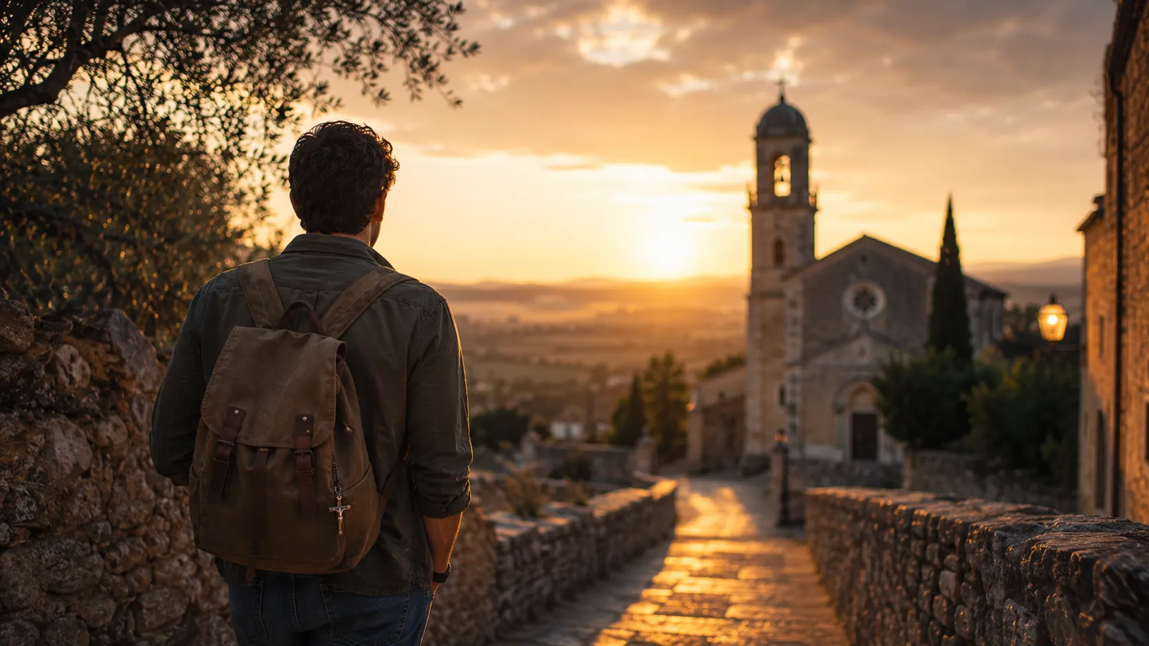 A person walking quietly toward a village church at golden hour, symbolizing silence and prayer within ordinary Catholic life.